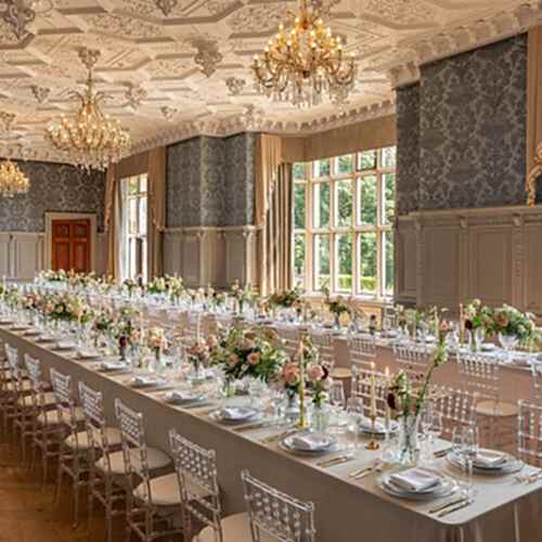 An indoor wedding dining space